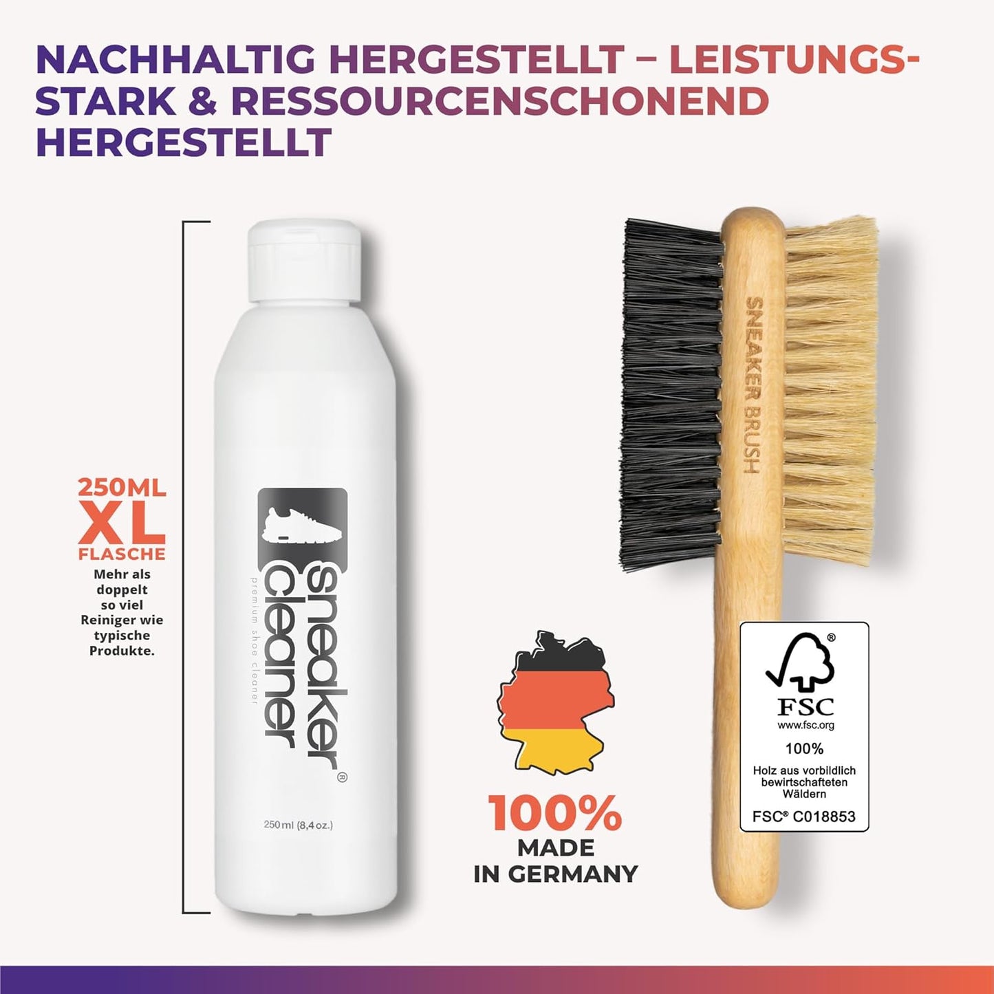 Nachhaltig hergestellter Sneaker Cleaner mit FSC-zertifizierter Bürste und 250 ml XL-Flasche – 100 % Made in Germany.