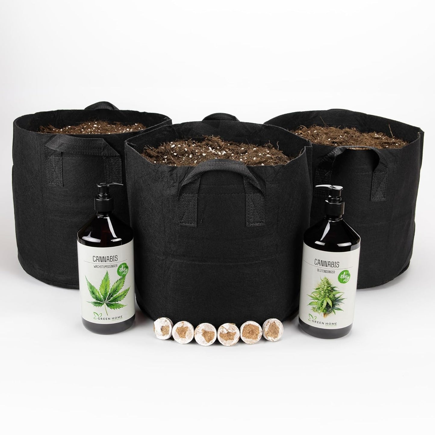 Green Home Cannabis Pflanzsack 18 Liter befüllt mit Grow Erde + Quelltöpfen + Grow- & Blüten Dünger Set - Franken Group
