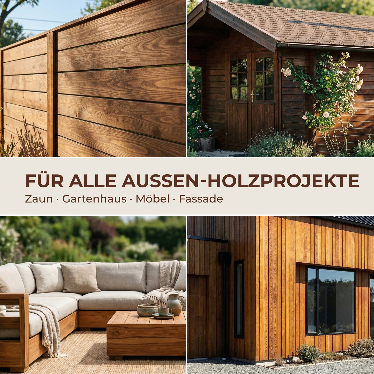 Anwendungsbeispiele der ColourPlus Holzschutzlasur Außen an Zaun, Gartenhaus, Möbeln und Holzfassade im Außenbereich.