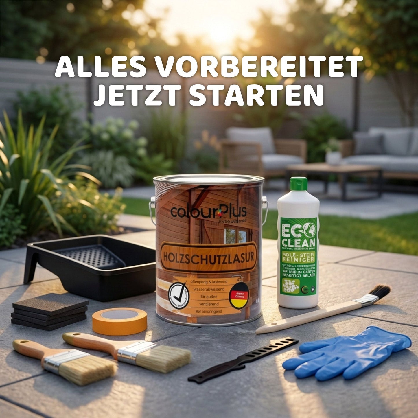 colourPlus Holzschutzlasur Dose mit Eco Clean Reiniger, Pinseln, Farbwanne, Schleifpads, Handschuhen und Zubehör auf einer Terrasse vorbereitet