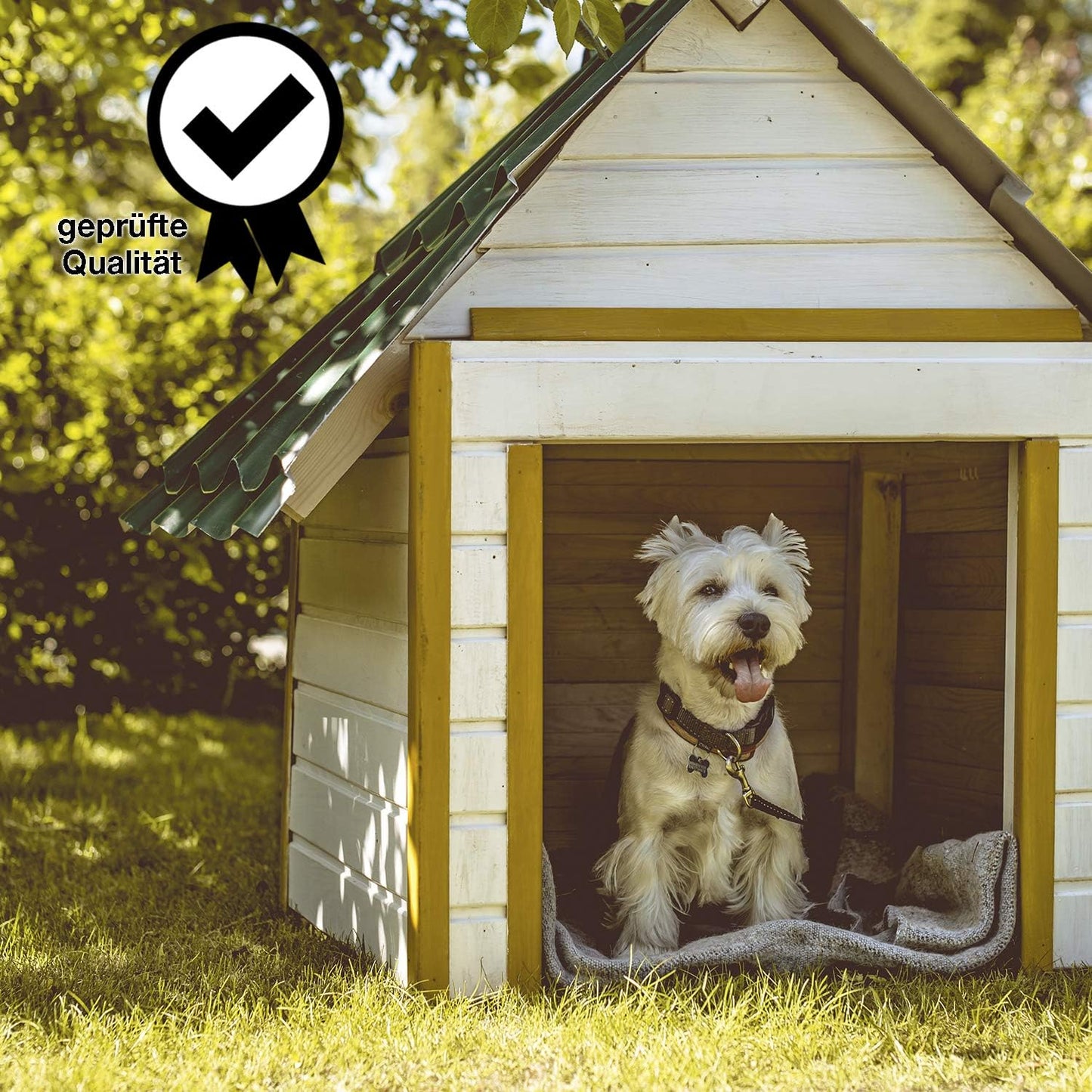 Gestrichene Hundehütte im Garten als Anwendungsbeispiel für die ColourPlus Wetterschutzfarbe im Außenbereich.