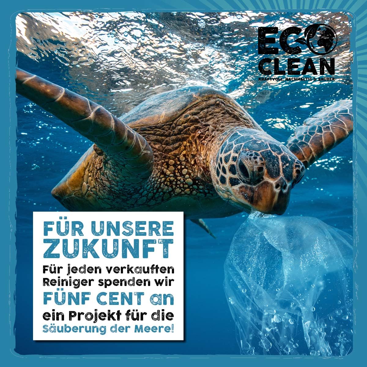 Meeresschildkroete unter Wasser mit Plastikbeutel als Hinweis auf Umweltengagement von Eco Clean Ultraschallreiniger.