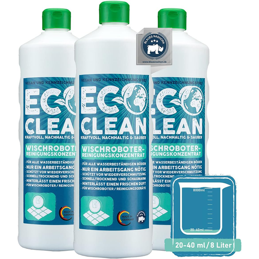 Drei Flaschen Eco Clean Wischroboter Reinigungsmittel 1 Liter mit Dosierhinweis 20–40 ml pro 8 Liter Wasser.