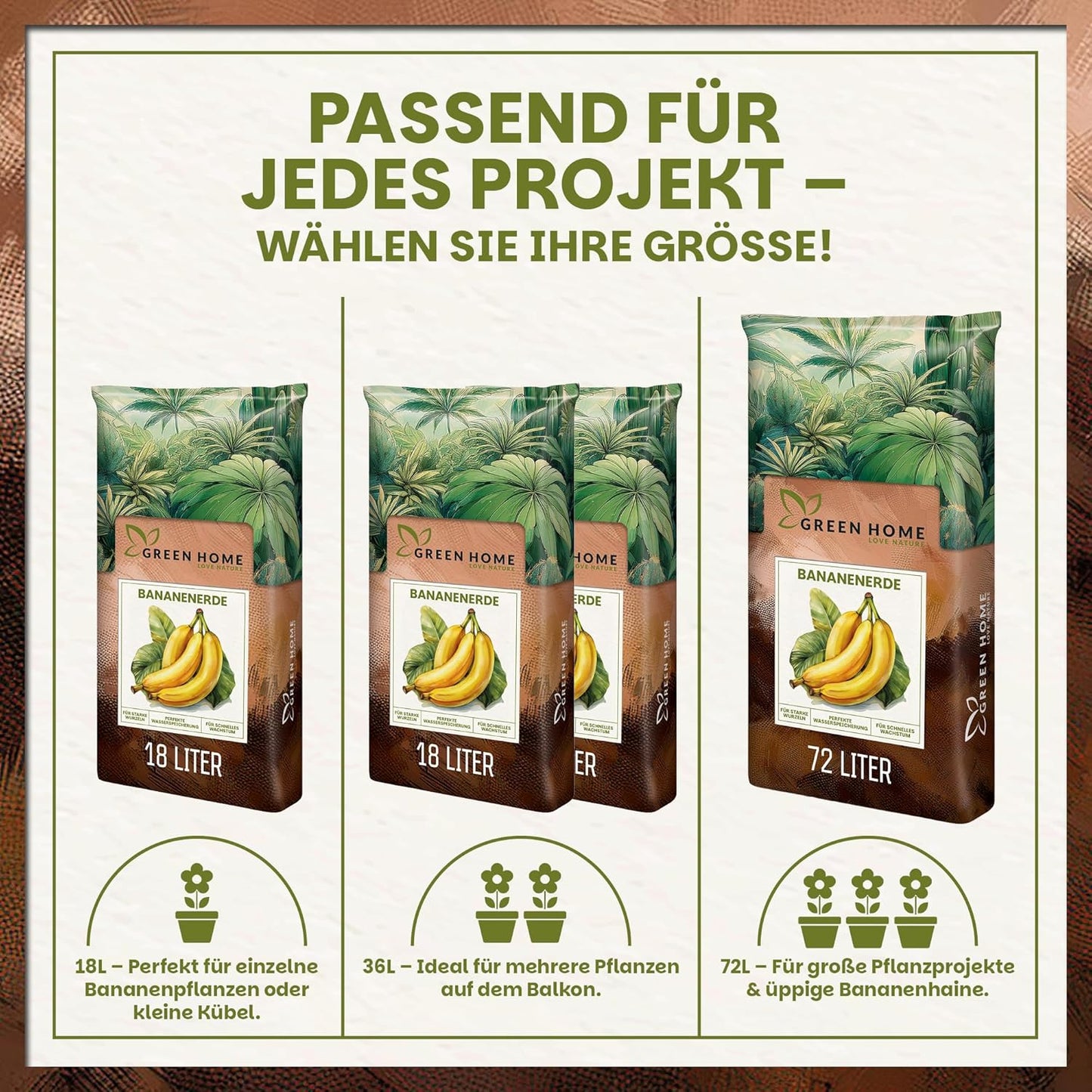 Übersicht der verfügbaren Größen der Green Home Bananenerde mit 18 Liter, 36 Liter und 72 Liter Säcken und passender Einsatzempfehlung.