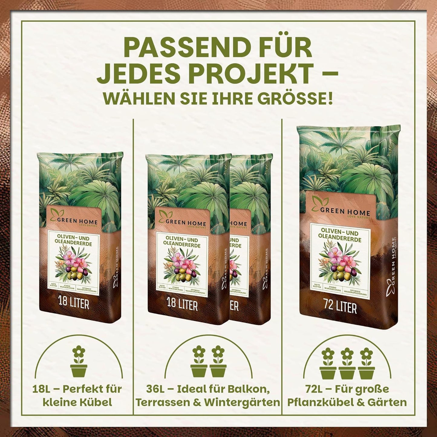 Übersicht der verfügbaren Größen der Green Home Oliven- und Oleandererde mit 18 Liter, 36 Liter und 72 Liter Verpackungen