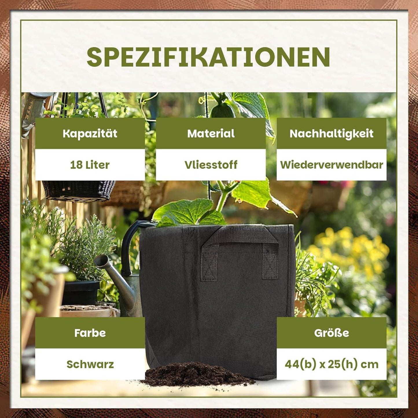 Spezifikationsübersicht des Green Home Pflanzsacks 18 Liter in Schwarz mit Angaben zu Material, Größe und Wiederverwendbarkeit