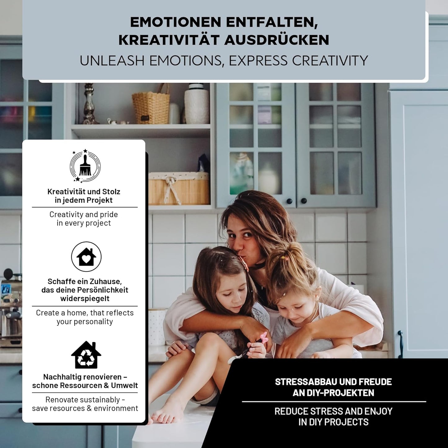 Stimmungsbild mit Familie in Küche und Hinweis auf kreative DIY-Projekte mit LM Kreativ Möbelfarbe 500 ml.