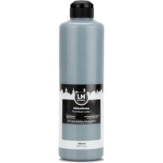 LM Kreativ Möbelfarbe 500 ml in Grau mit hoher Deckkraft und widerstandsfähiger Oberfläche für Holz, Metall und Kunststoff.