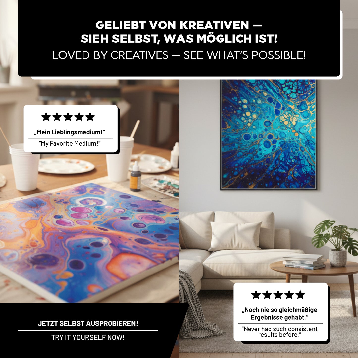 Fertiges Acryl-Pouring-Kunstwerk als Wandbild in modernem Wohnraum