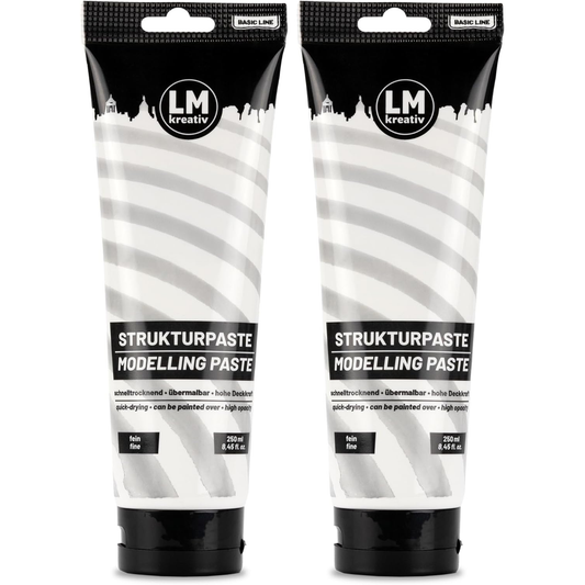 Zwei Tuben LM Kreativ Strukturpaste Fein Weiß 250 ml aus der Basic Line für präzise Texturen und detailreiche Acrylmalerei.
