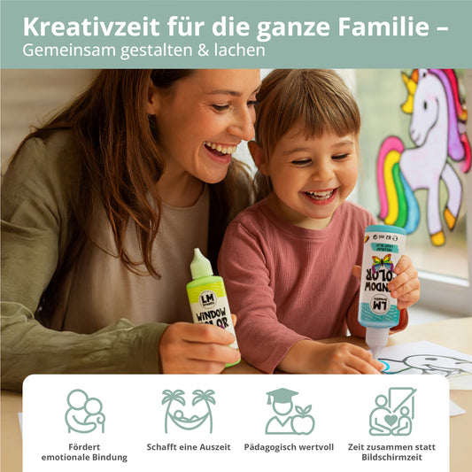 Mutter und Kind gestalten gemeinsam ein Fensterbild mit dem LM Kreativ Window Color 17er Set am Tisch.