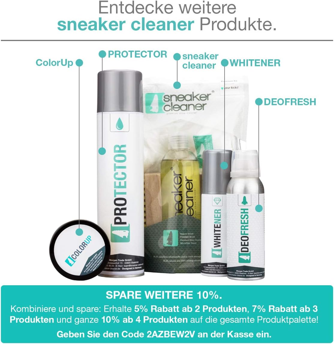 Sneaker Cleaner Produktpalette mit Protector Spray, Whitener, Deofresh und ColorUp sowie Hinweis auf Sparaktion bei Mehrfachkauf.
