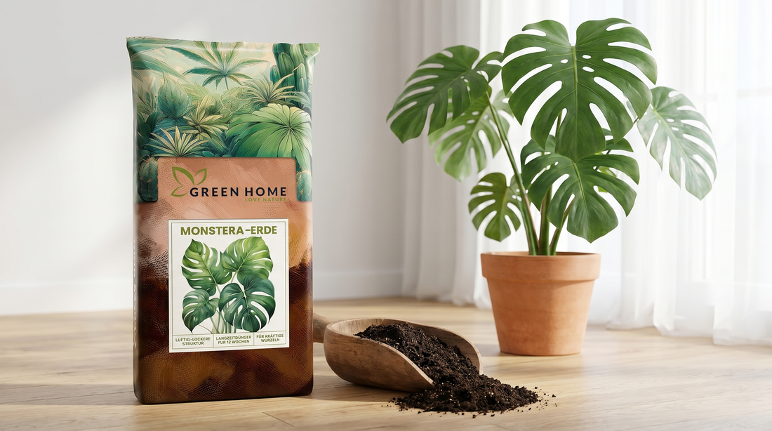 Green Home Monstera Erde Beutel neben gesunder Monstera im Topf am Fenster