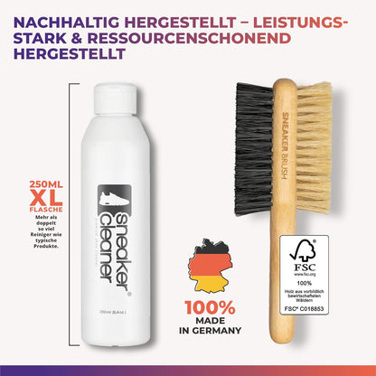 Nachhaltig hergestellter Sneaker Cleaner mit FSC-zertifizierter Bürste und 250 ml XL-Flasche – 100 % Made in Germany.