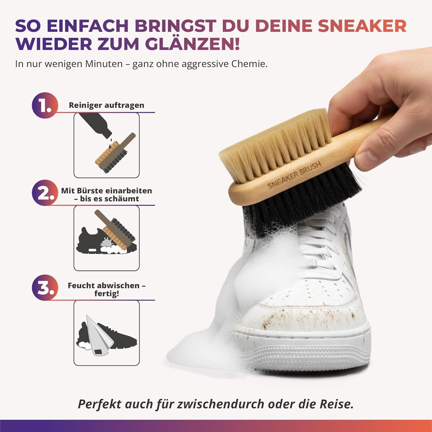 Anwendung des Sneaker Cleaner Sets – Reiniger auftragen, mit Bürste aufschäumen, Sneaker feucht abwischen.