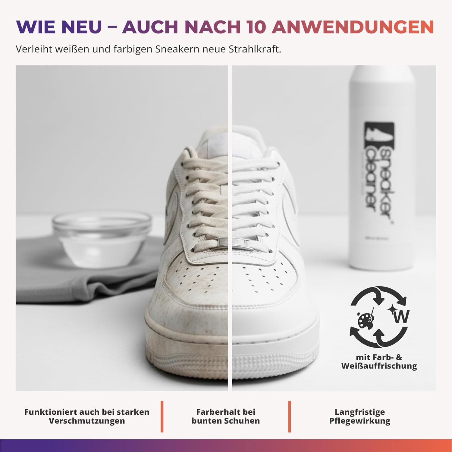 Vorher-nachher-Vergleich eines weißen Sneakers – Sneaker Cleaner bringt neue Strahlkraft auch nach 10 Anwendungen.