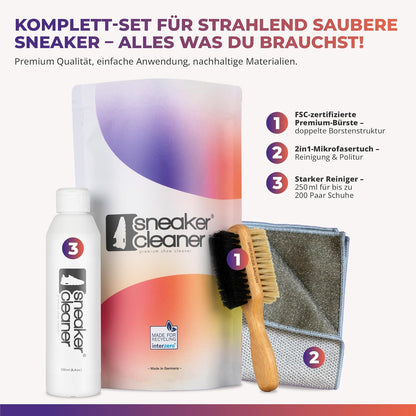 Komplettset für strahlend saubere Sneaker mit Bürste, Mikrofasertuch und Reiniger – hochwertige Pflege ohne aggressive Chemie.