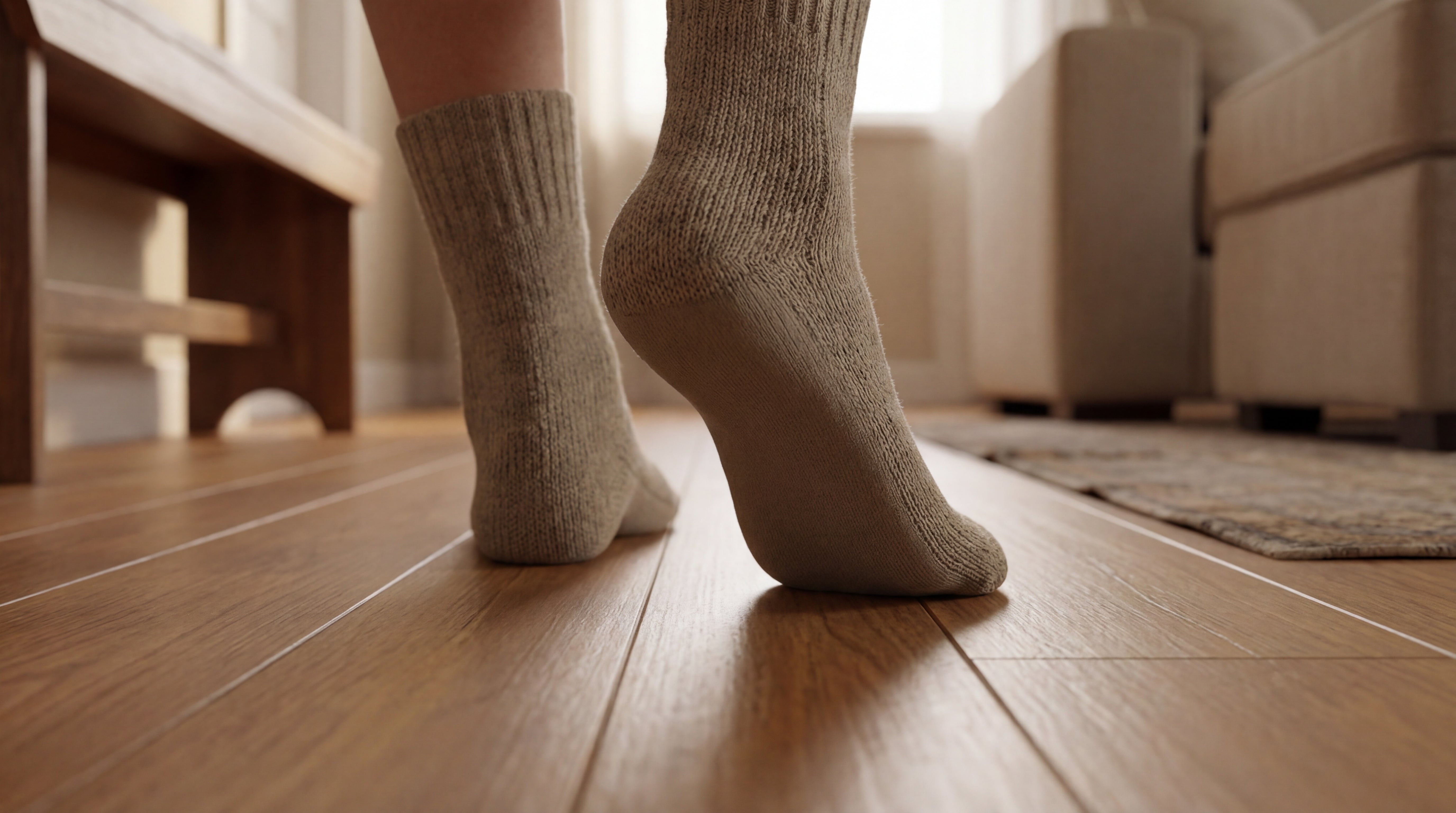 Socken auf einem Holzboden ohne rutschfeste Beschichtung durch LM Kreativ Socken Stopper Textilfarbe, Unterseite ohne Stopperpunkte.