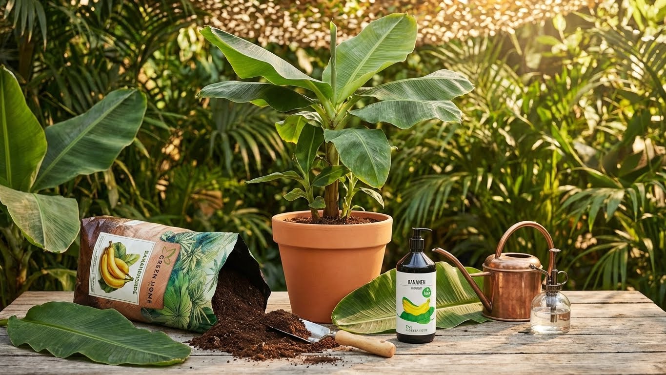 Junge Bananenpflanze im Topf mit Green Home Bananenerde und Bio-Dünger im Garten