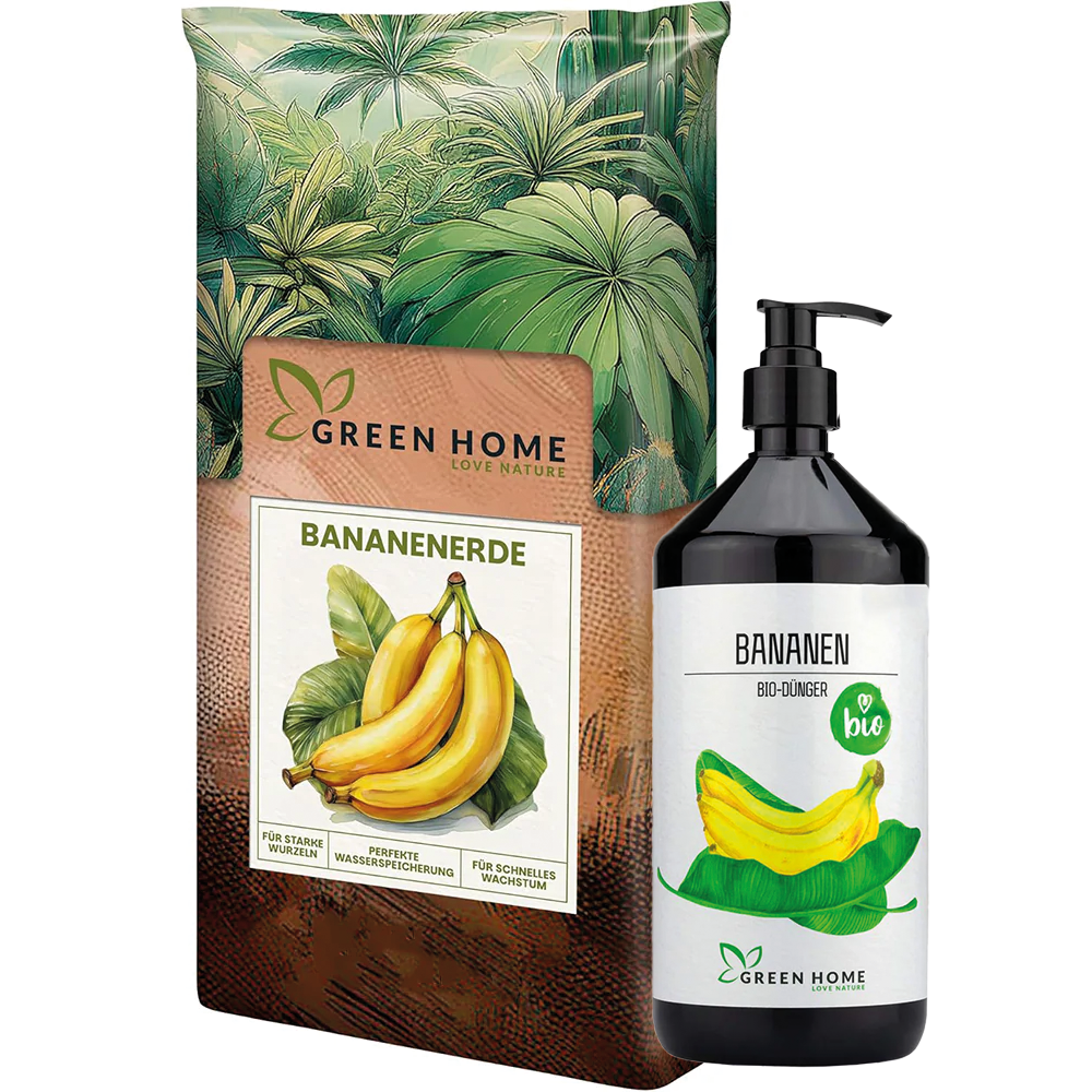 Green Home Bananen Bundle bestehend aus Bananenerde im Beutel und Bio-Dünger mit Pumpflasche vor weißem Hintergrund.