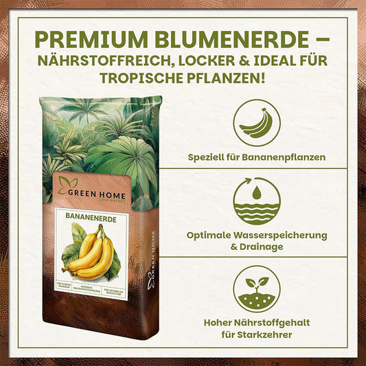 Premium Bananenerde von Green Home mit Infos zu Nährstoffgehalt, Wasserspeicherung und optimaler Drainage für tropische Pflanzen.