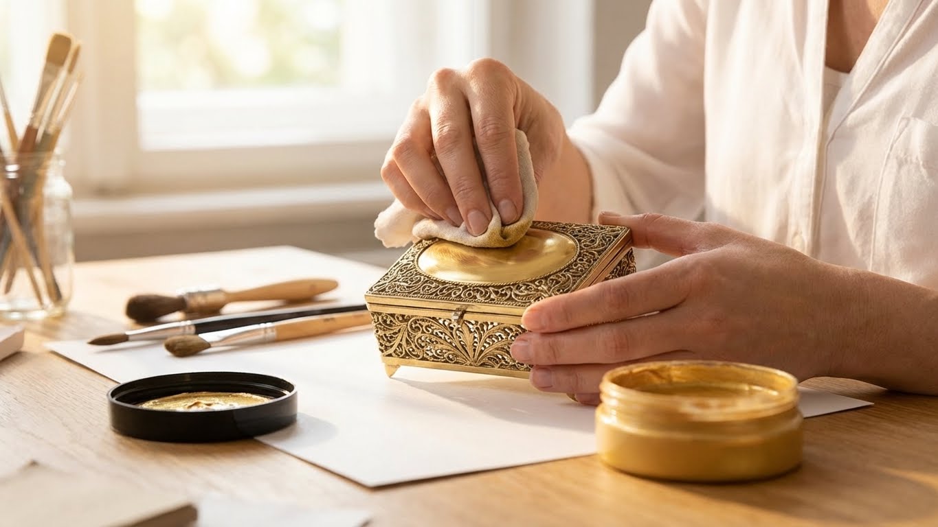 Feines Polieren mit Inka/Maya Gold für intensiven metallischen Glanz auf Dekorobjekt