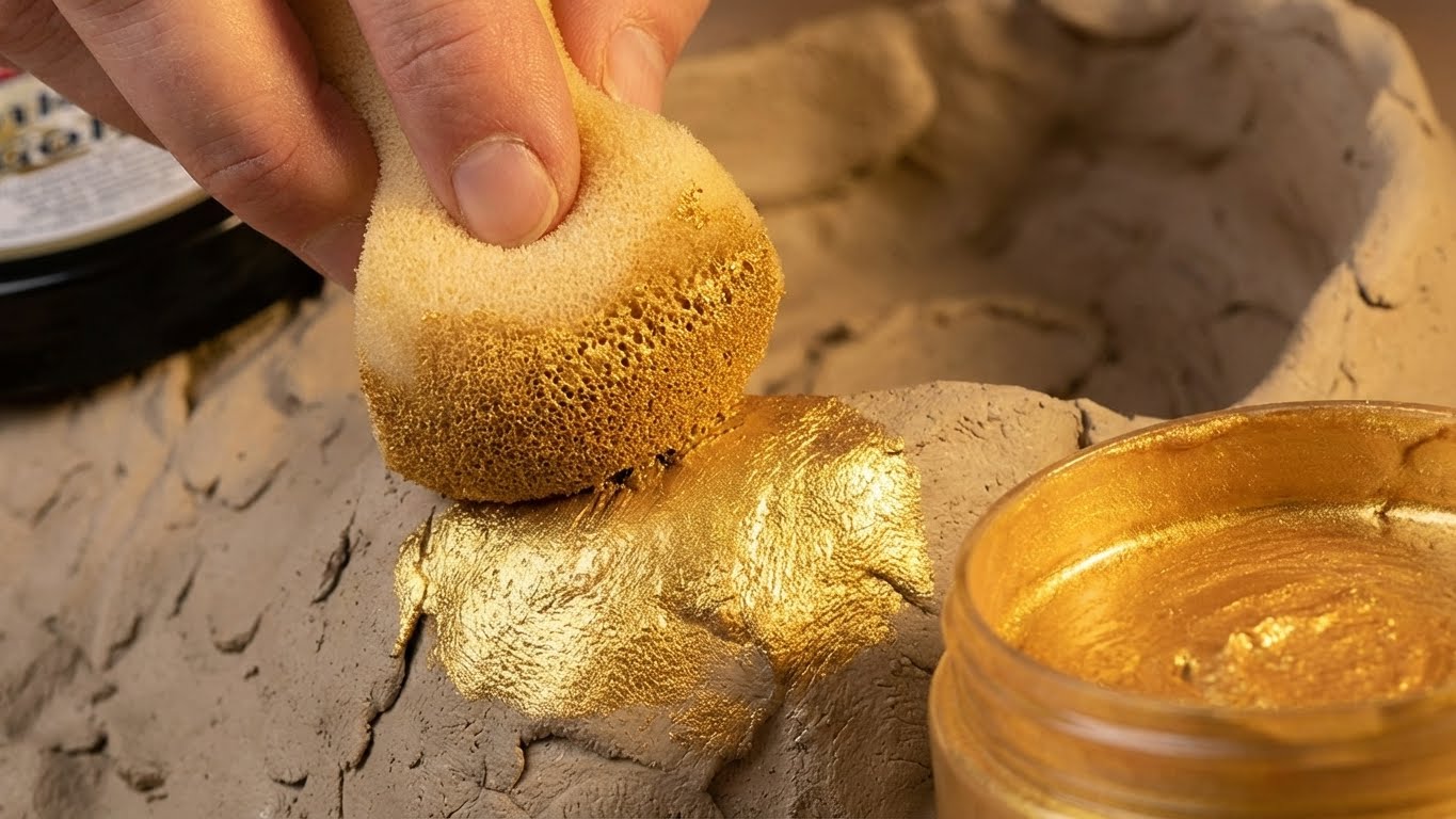 Viva Decor Metallic-Polierpaste wird mit Schwämmchen auf strukturierte Oberfläche aufgetragen