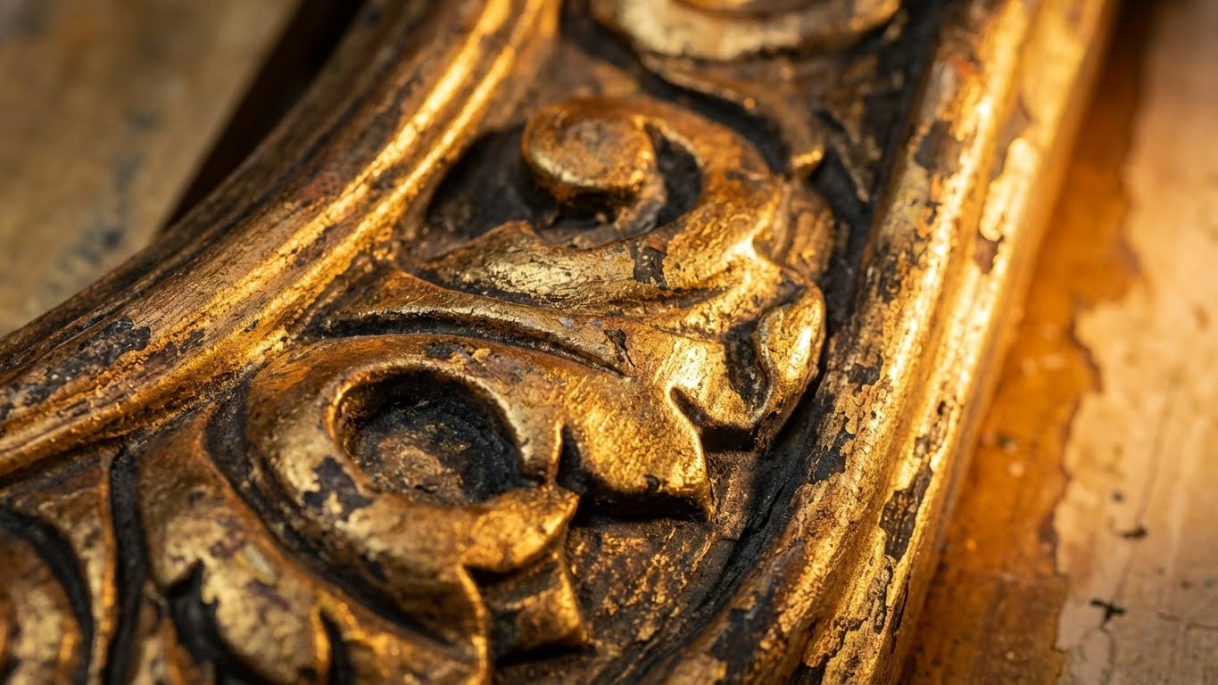 Detailaufnahme eines veredelten Rahmens mit Inka/Maya Gold Used-Patina-Effekt