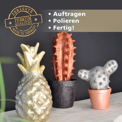 Mit Inka Gold gestaltete Deko-Objekte aus Gips und Keramik mit intensivem Metallic-Effekt in Gold, Kupfer und Silber
