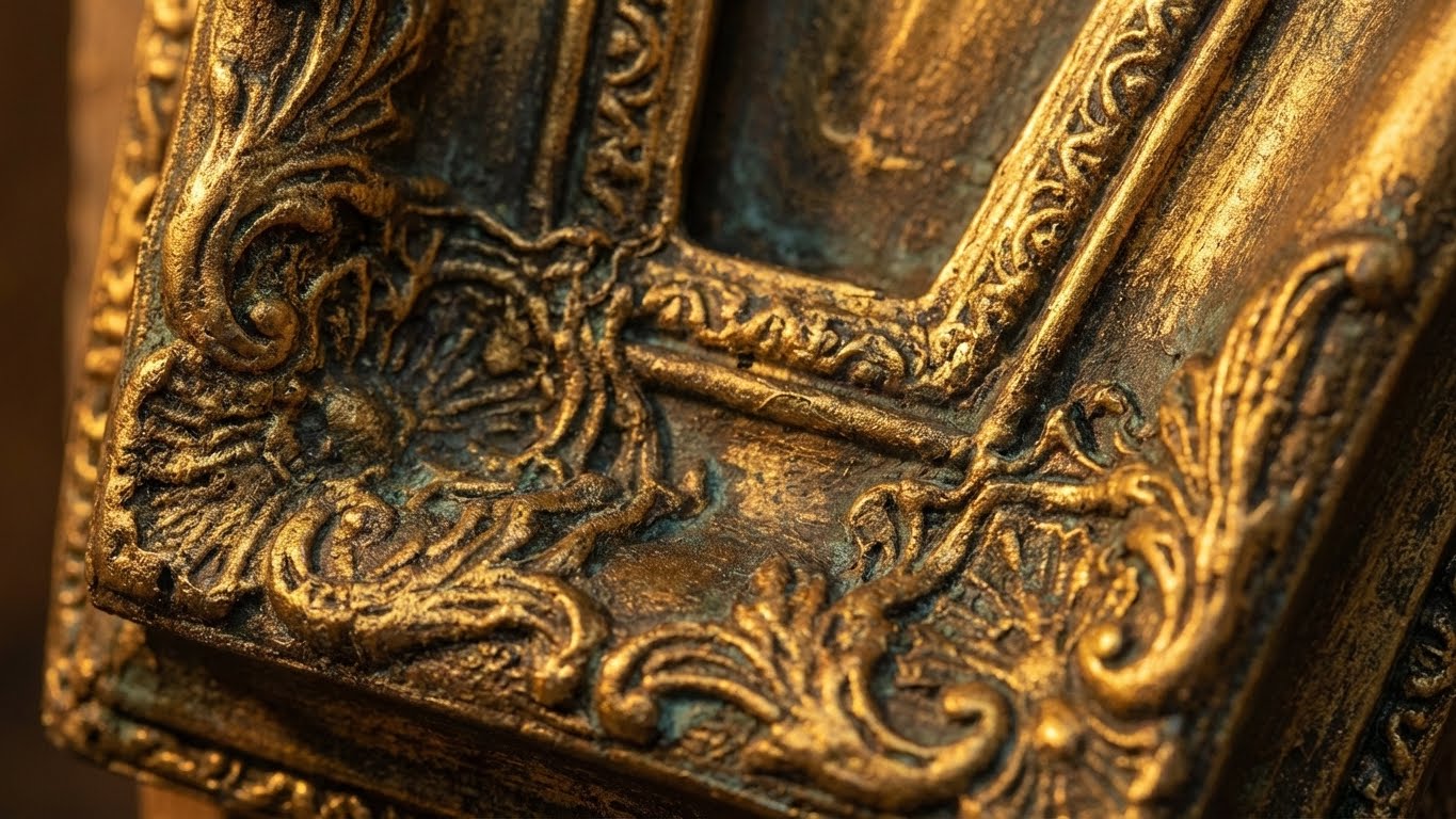 Detailaufnahme von goldfarbenem Holzobjekt mit intensiver Metalloptik und sichtbarer Struktur.