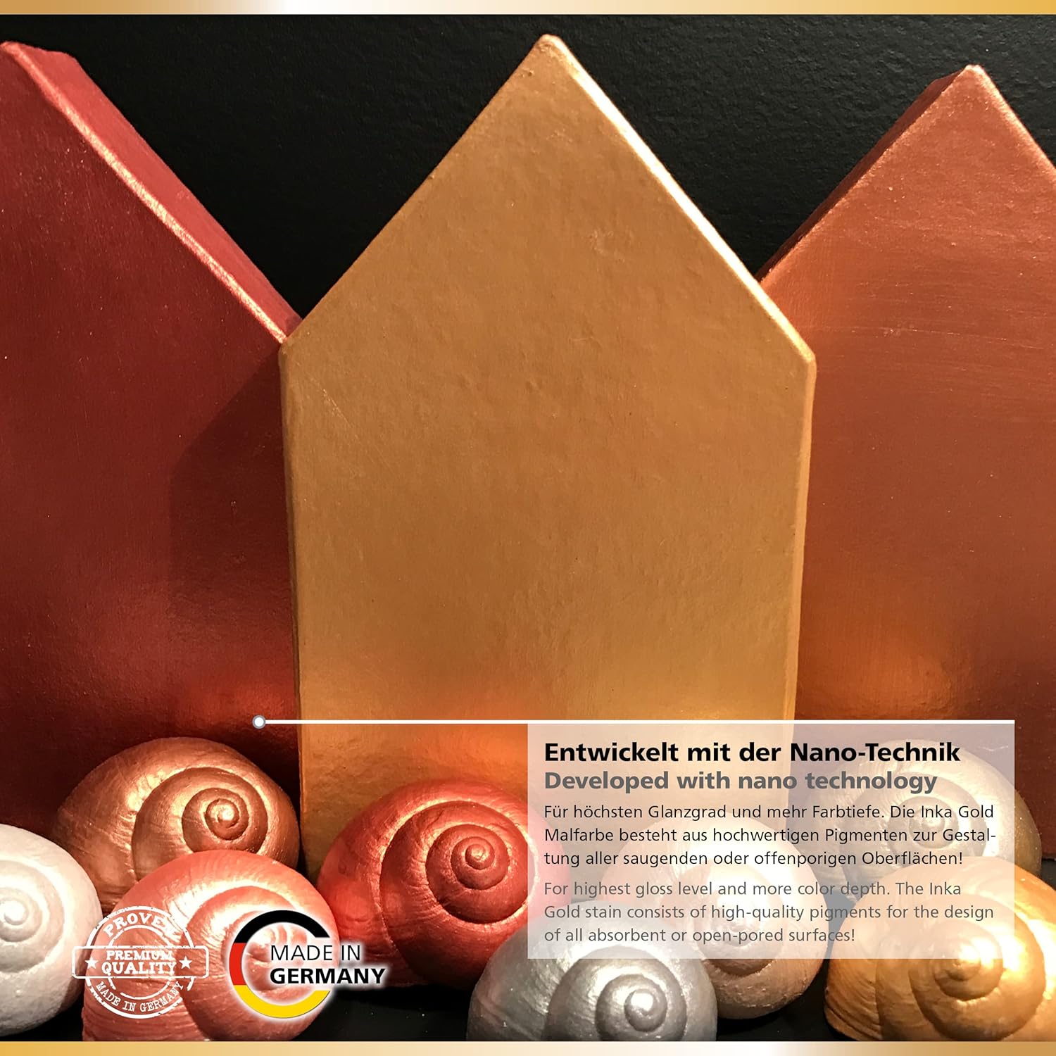 Inka Gold Premium Metallic-Farbe mit Nano-Technologie für höchste Glanzintensität auf saugenden und offenporigen Oberflächen.