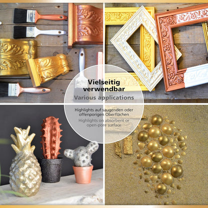Kreative Anwendungen mit Inka Gold Premium auf Bilderrahmen, Pinseln und Dekoobjekten – vielseitige Metallic-Effekte auf verschiedenen Oberflächen.