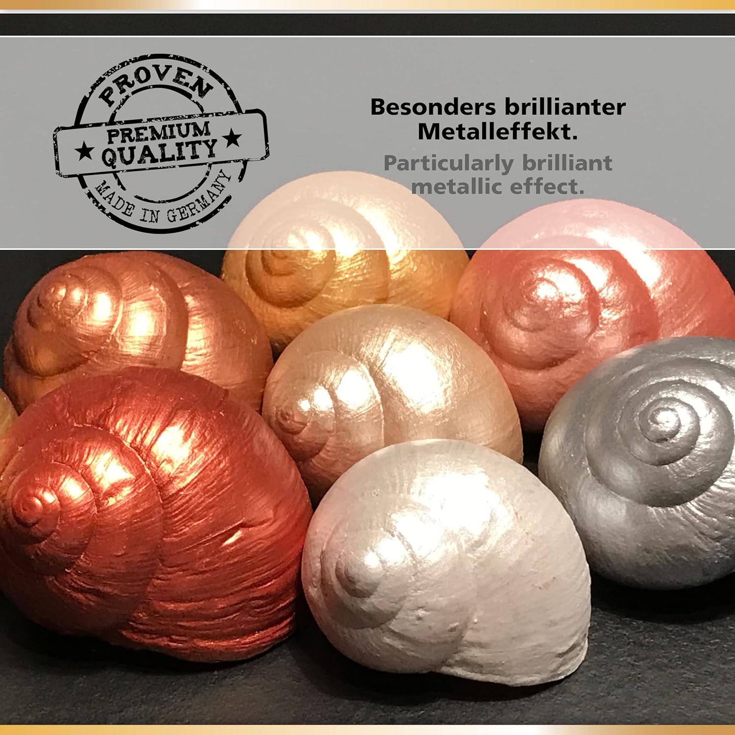 Inka Gold Premium Metallic-Polierpaste auf dekorativen Muscheln in Gold, Kupfer, Silber und Roségold mit intensivem Metallglanz.