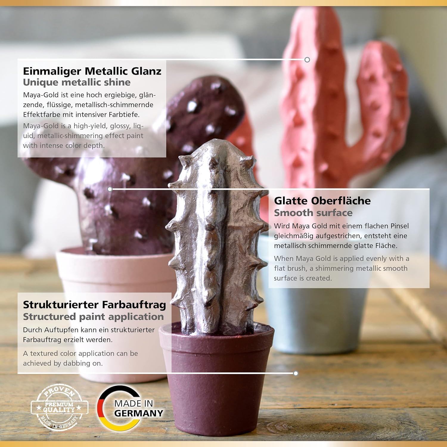 Mit Maya Gold gestaltete Deko-Kakteen mit glatter und strukturierter Oberfläche für metallische Glanzeffekte