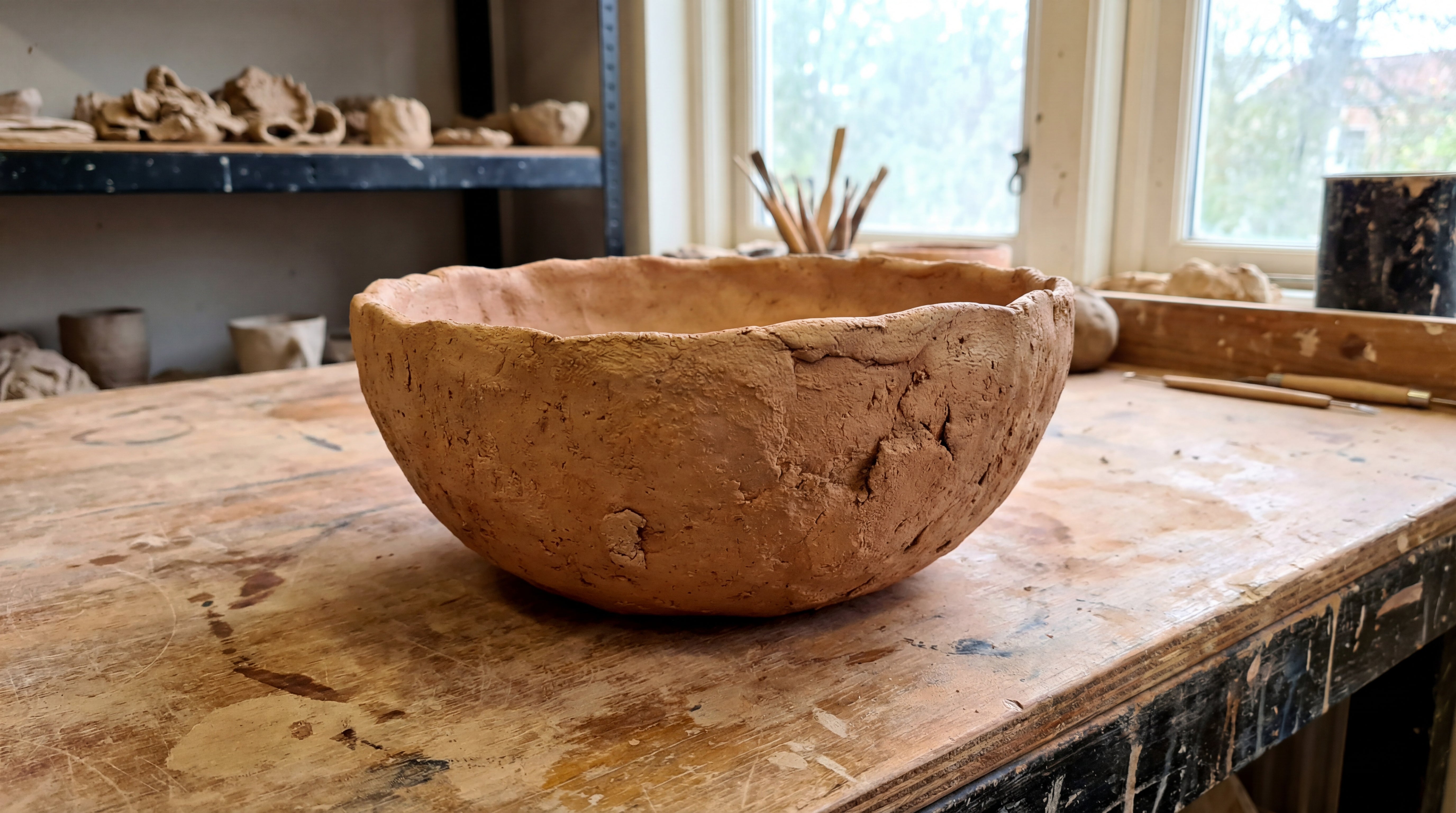 Unbehandelte Tonschale als Ausgangsobjekt für kreative Gestaltung mit Maya Gold Effektfarbe