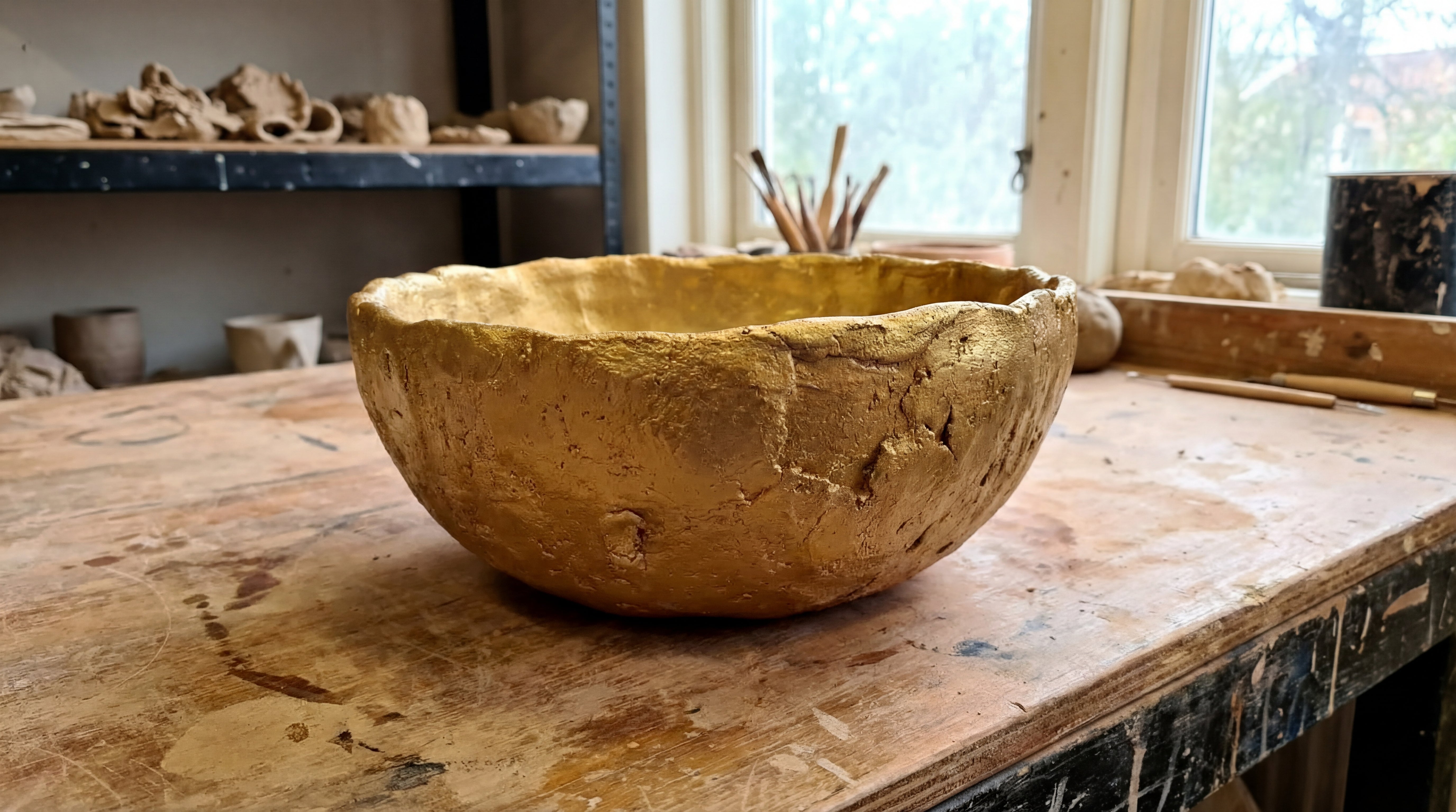 Tonschale mit Maya Gold Effektfarbe veredelt – gleichmäßiger metallischer Goldglanz auf Keramik