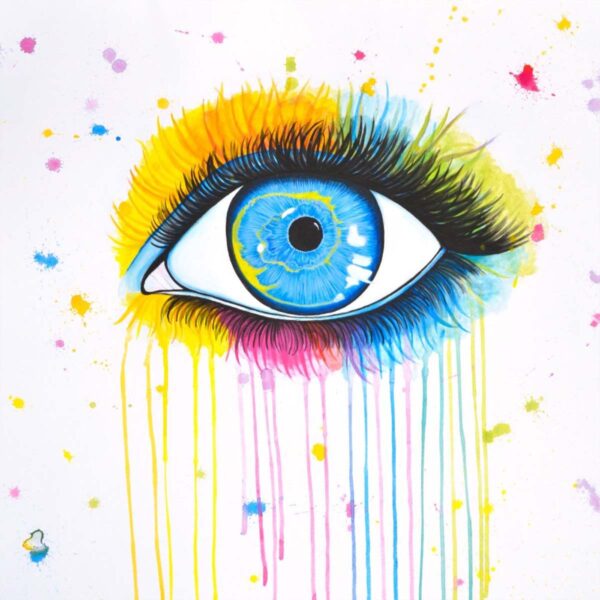 Abstraktes Kunstwerk mit blauem Auge und verlaufenden Farbklecksen in Gelb, Pink und Blau auf weißem Hintergrund