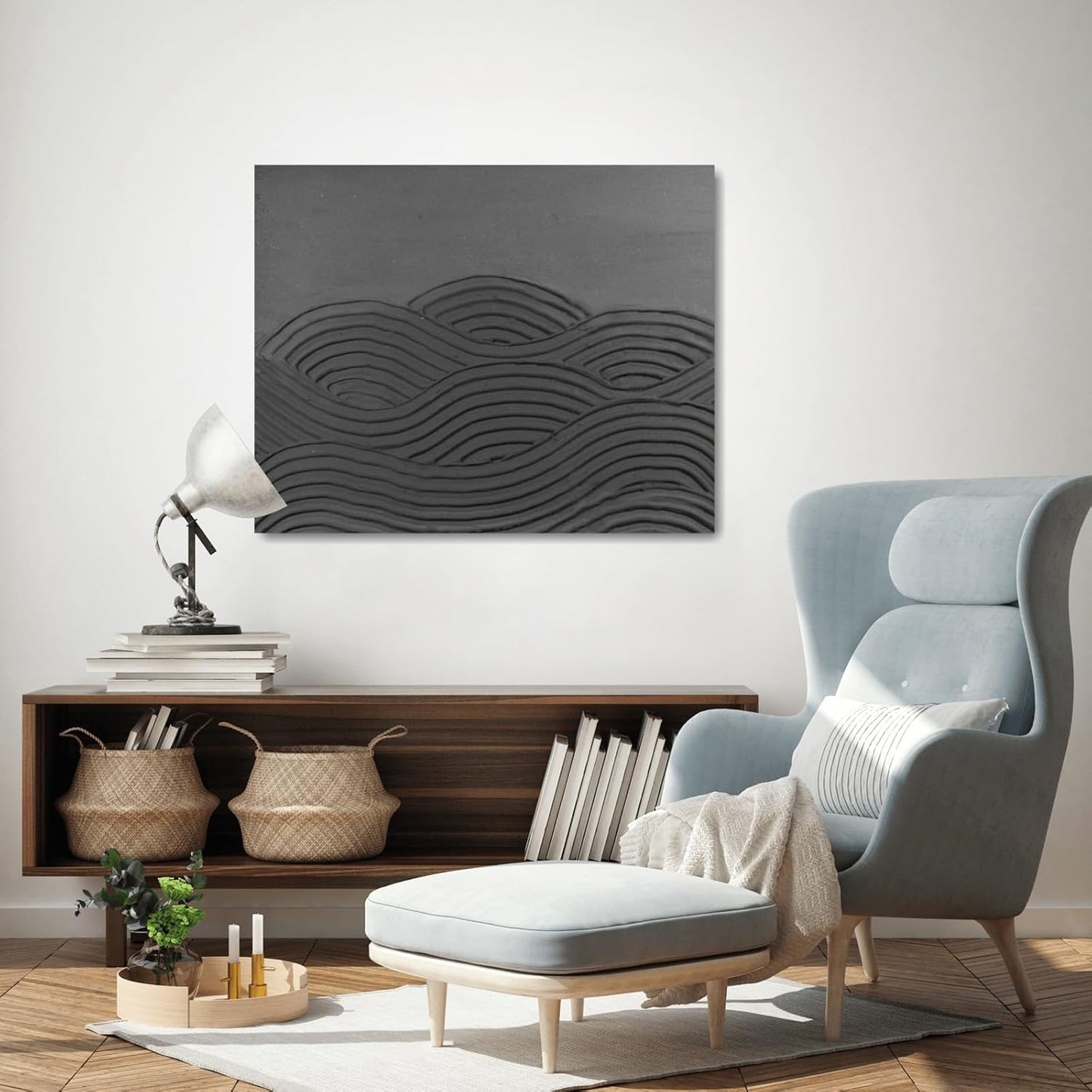 Wandkunst mit strukturierter Oberfläche aus LM Kreativ Struktur Paste fein schwarz im modernen Wohnraum