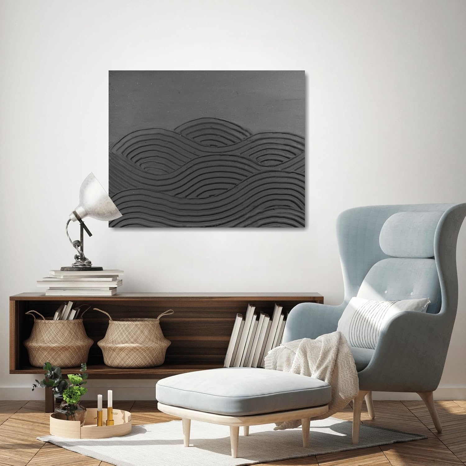 Wandkunst mit strukturierter Oberfläche aus LM Kreativ Struktur Paste fein schwarz im modernen Wohnraum