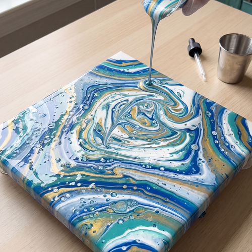 Nahaufnahme einer Leinwand mit blau, weiß und gold marmoriertem Acryl-Pouring-Muster, während flüssige Farbe darüber gegossen wird.
