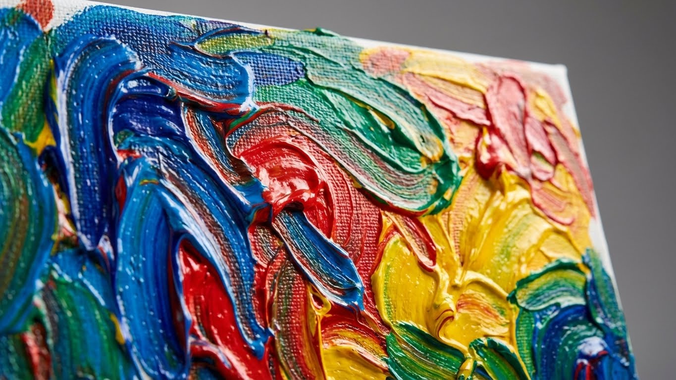 Detailaufnahme einer Leinwand mit dicker Acrylstruktur in Blau, Rot, Gelb und Gruen