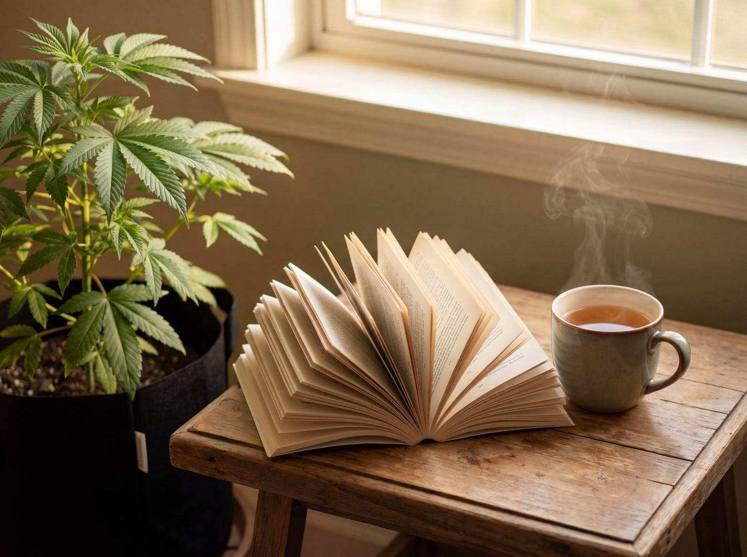 Aufgeschlagenes Buch und Tee auf Beistelltisch neben Cannabis-Pflanze Northern Lights Auto im RUHE Outdoor Grow System