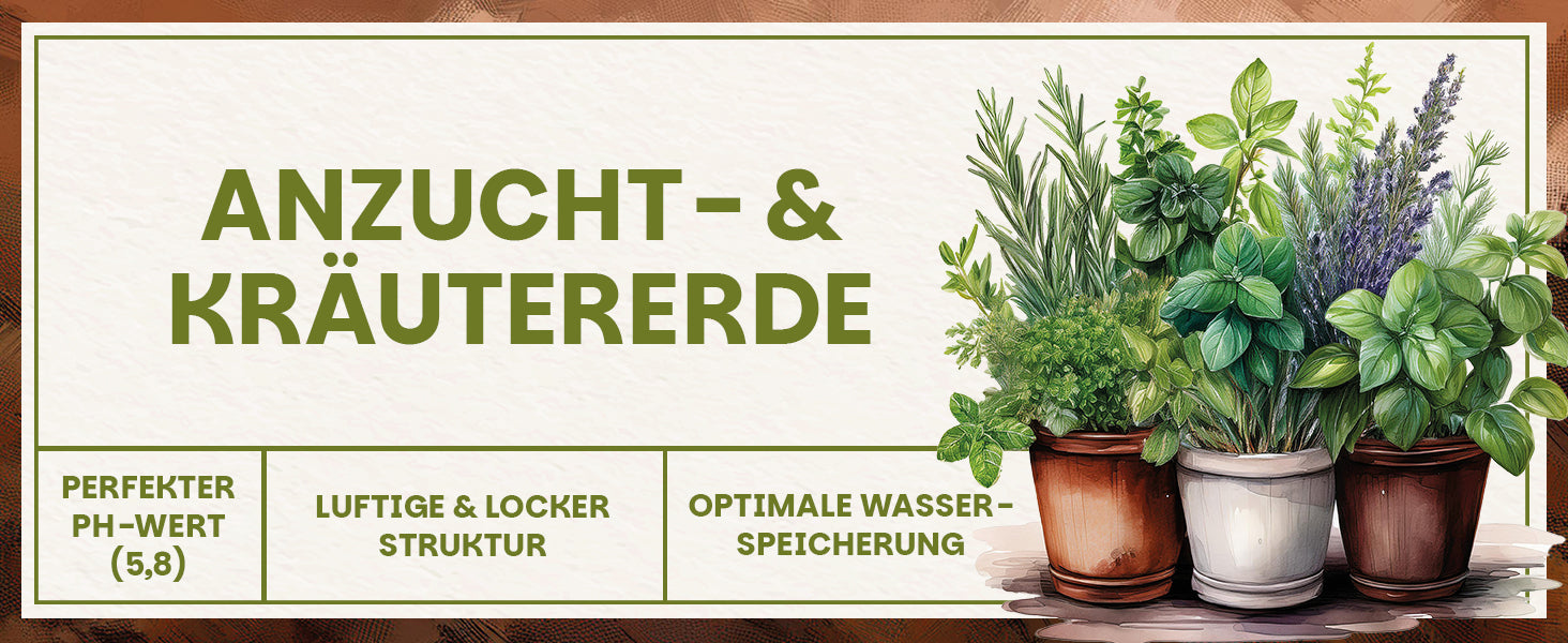 Grafische Übersicht zu Anzucht- und Kräutererde mit Eigenschaften wie pH-Wert, lockerer Struktur und Wasserspeicherung