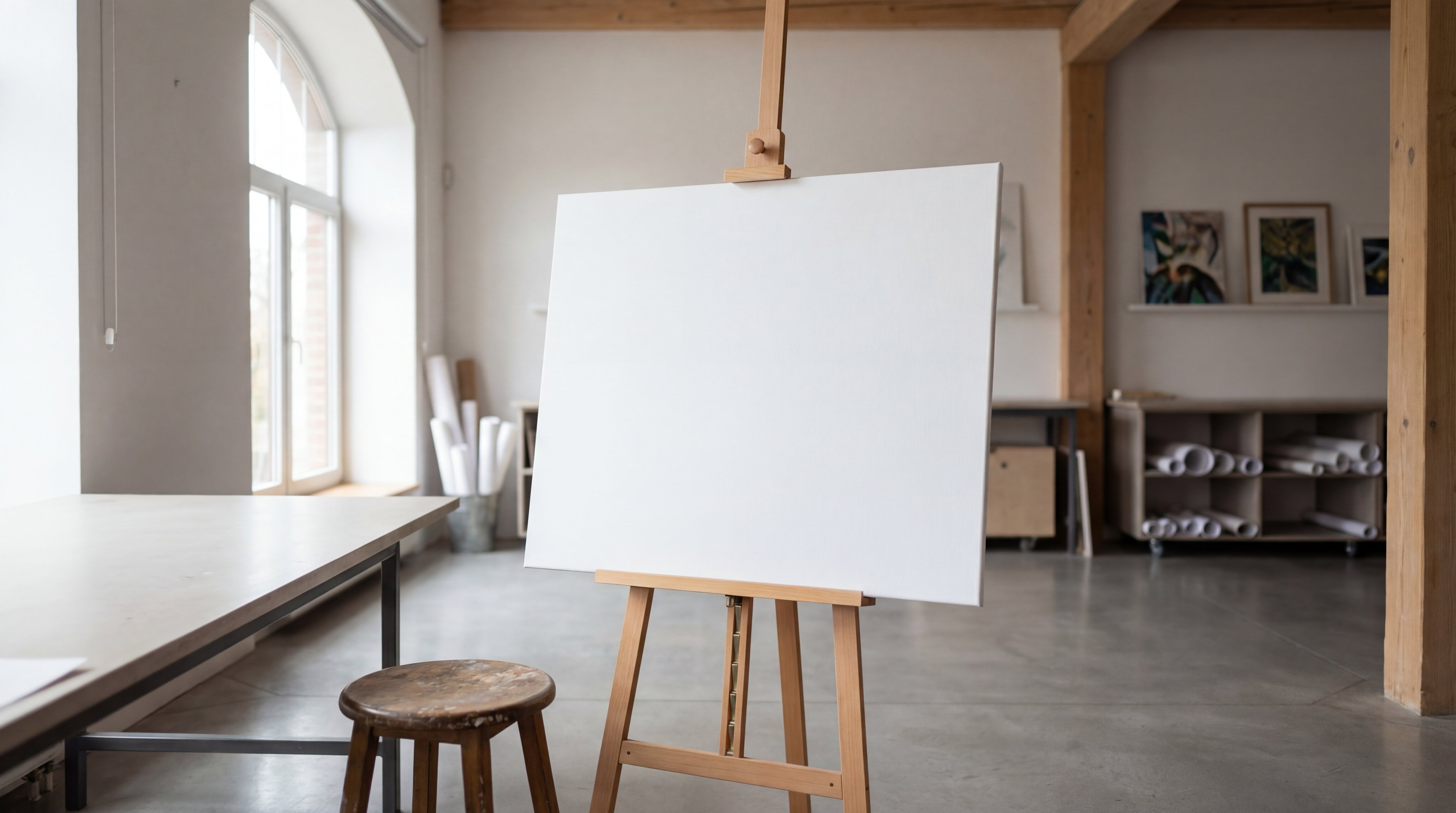 Leere weisse Leinwand auf Staffelei in hellem Atelier mit Fenster und Holzelementen