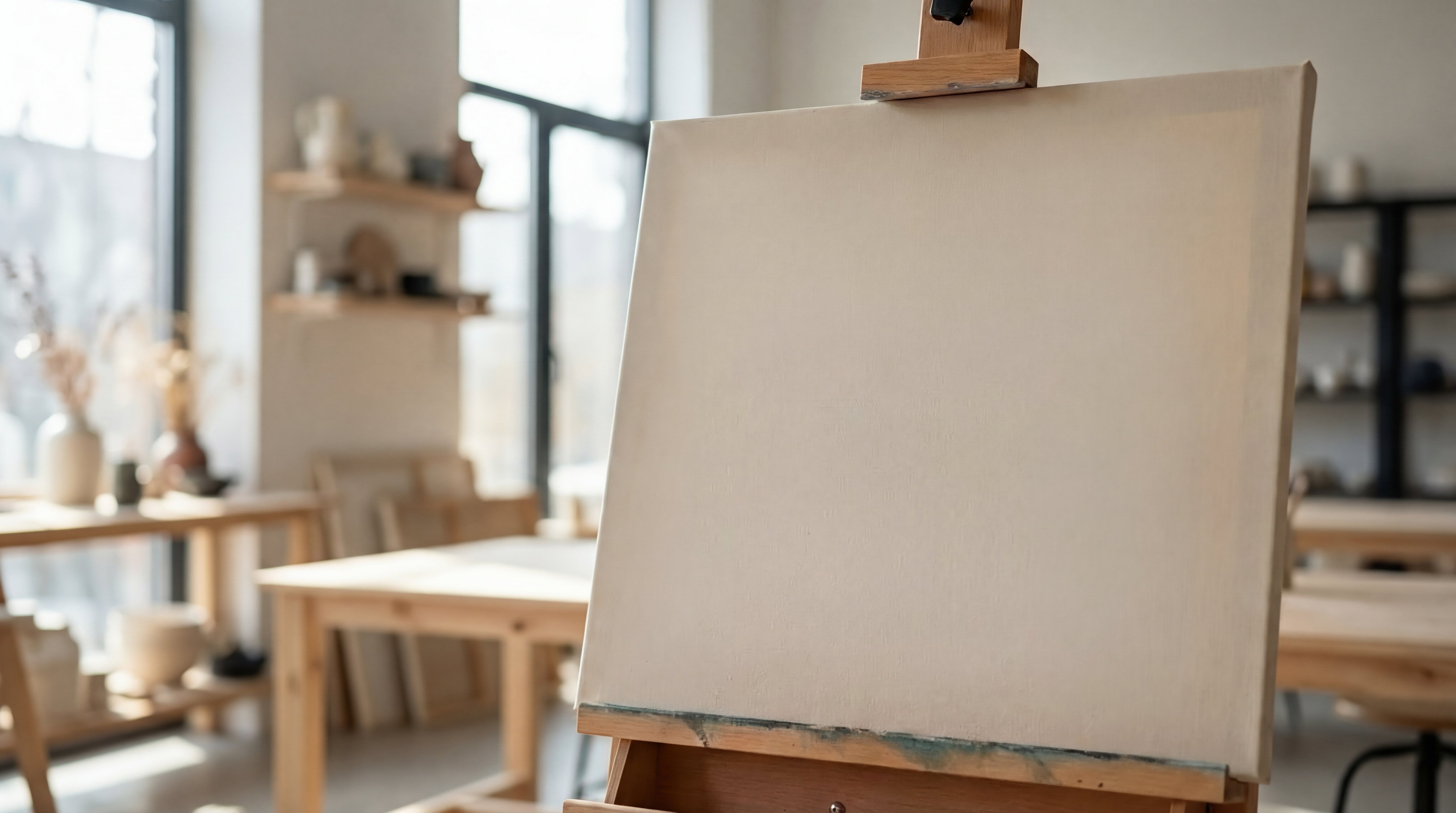 Leere Leinwand auf einer Staffelei in einem hellen Atelier mit Holztischen im Hintergrund