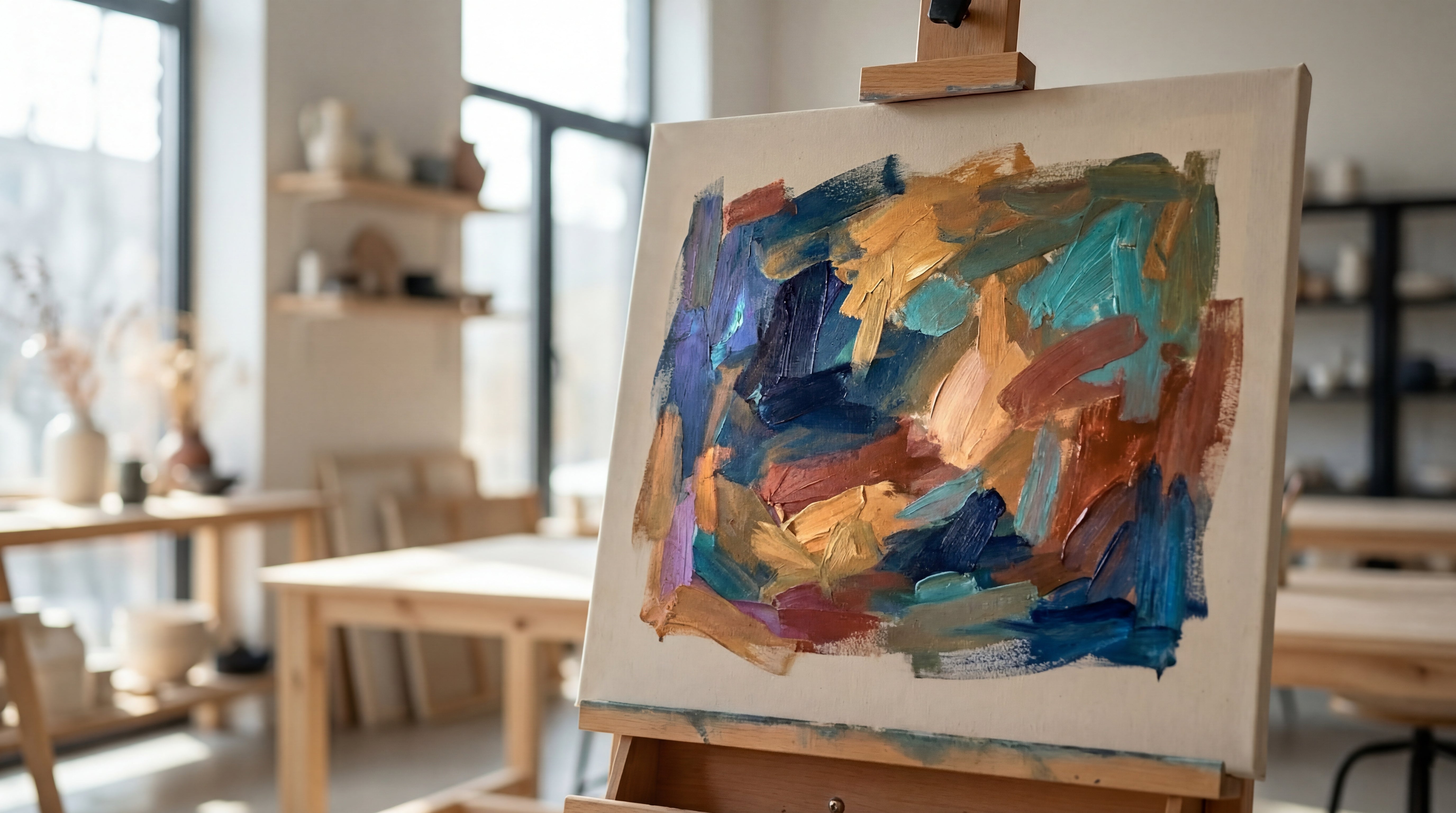 Leinwand auf einer Staffelei in einem Atelier mit abstraktem Gemaelde in kraeftigen Farben