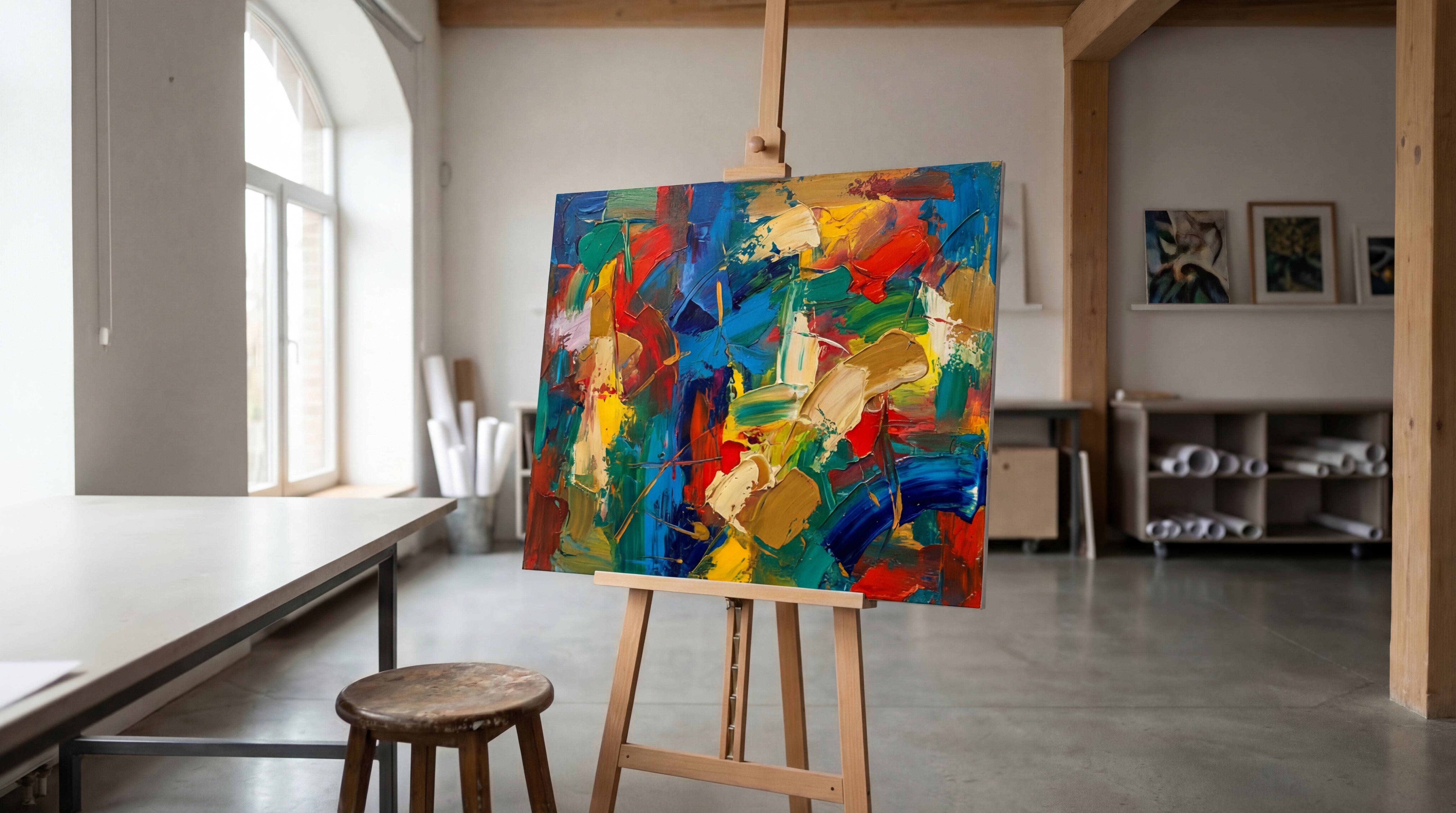 Staffelei im Atelier mit farbenfrohem abstraktem Acrylgemaelde auf gespannter Leinwand