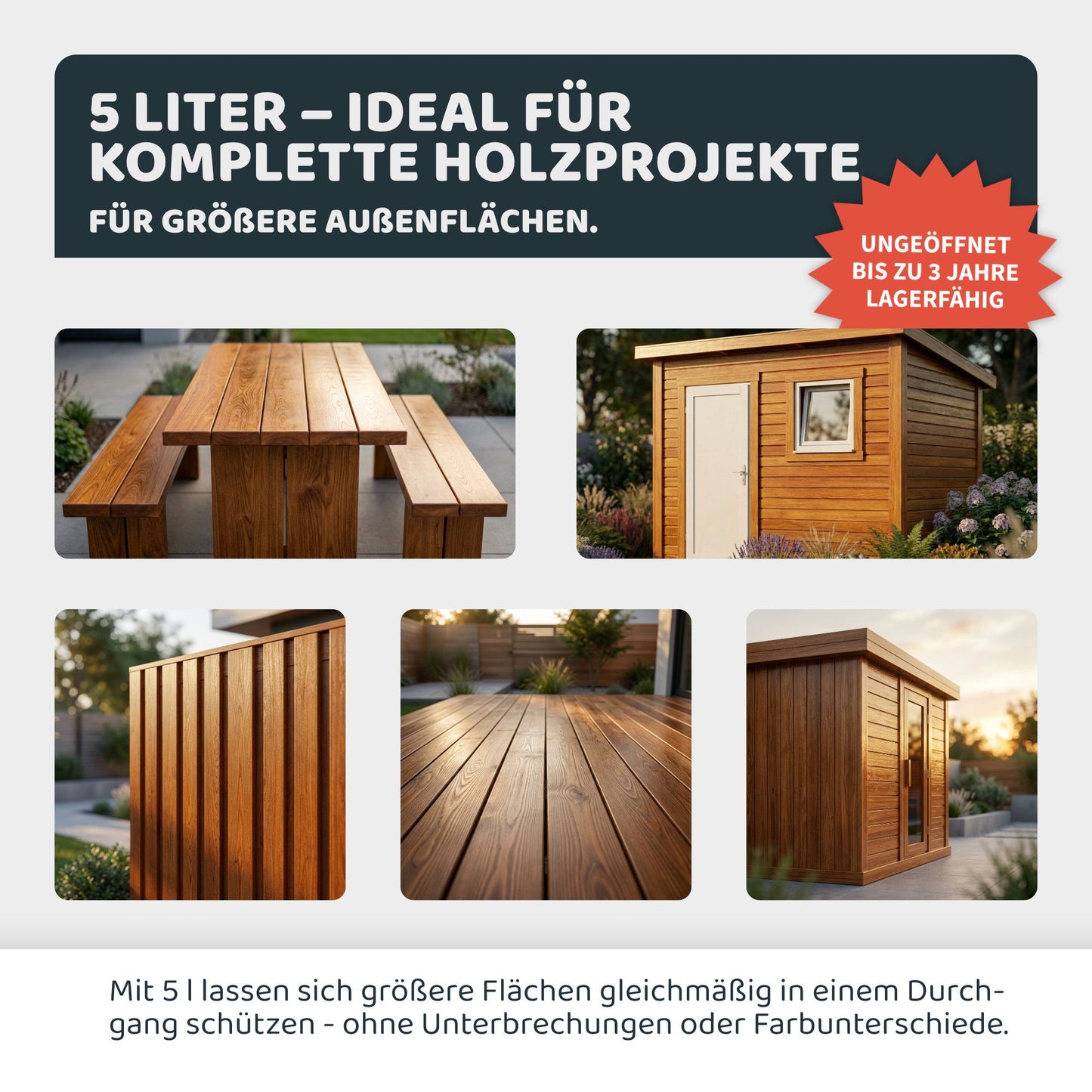 Beispiele für behandelte Außenholzprojekte wie Gartentisch, Zaun, Terrasse und Gartenhaus