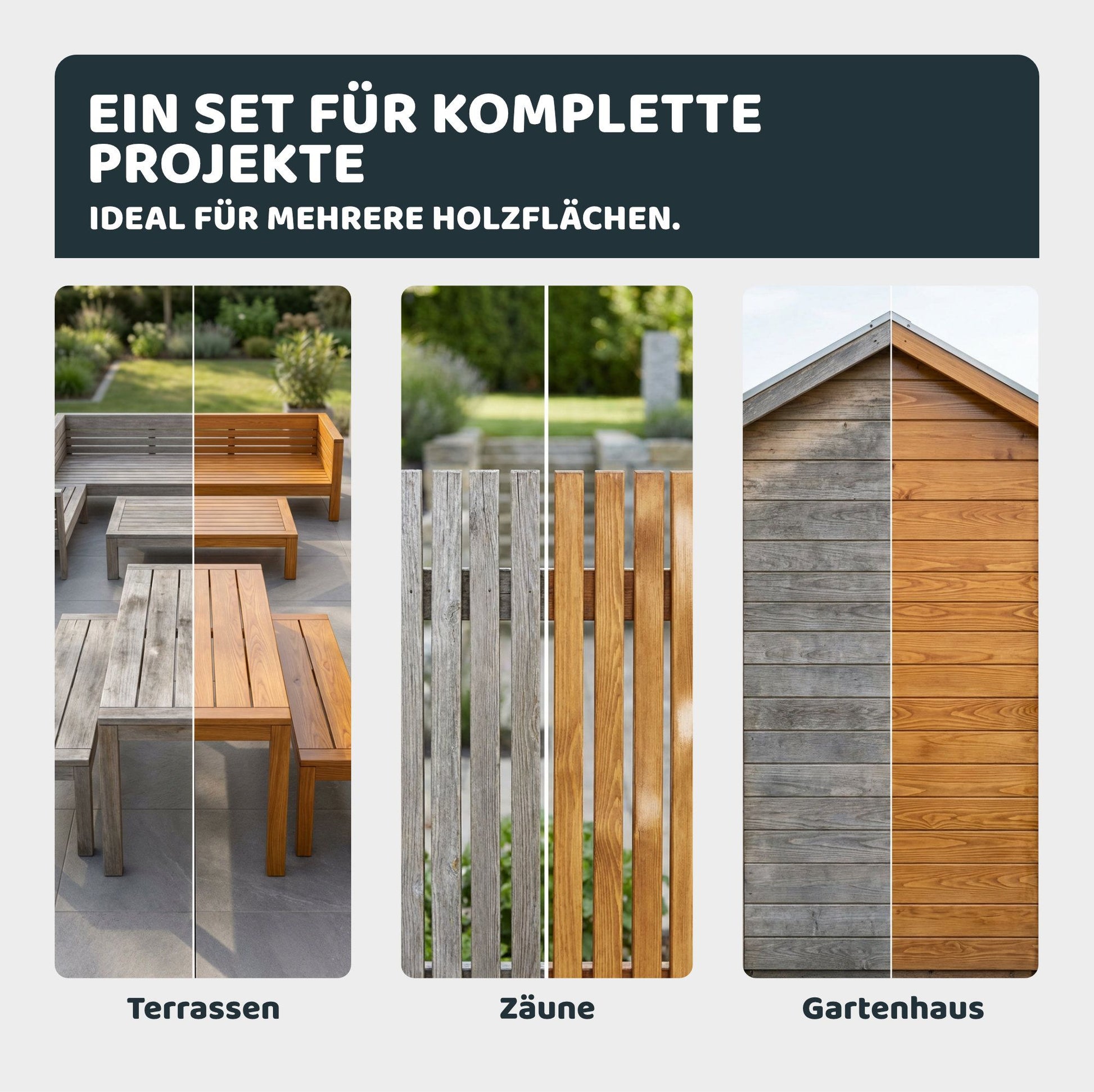 Vorher-nachher Darstellung von Außenholzflächen mit Terrasse, Holzzaun und Gartenhaus im Garten