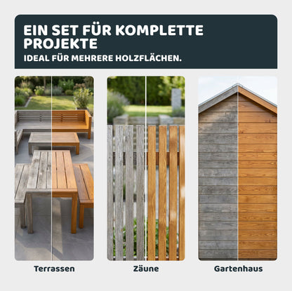 Vorher-nachher Darstellung von Außenholzflächen mit Terrasse, Holzzaun und Gartenhaus im Garten